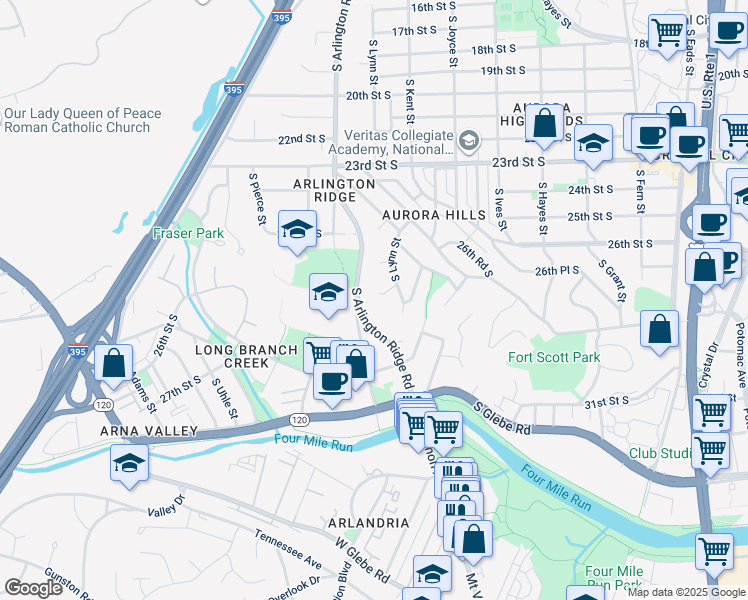 map of restaurants, bars, coffee shops, grocery stores, and more near 1222 26th Road South in Arlington