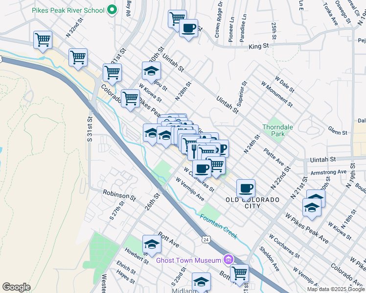map of restaurants, bars, coffee shops, grocery stores, and more near 2617 West Colorado Avenue in Colorado Springs