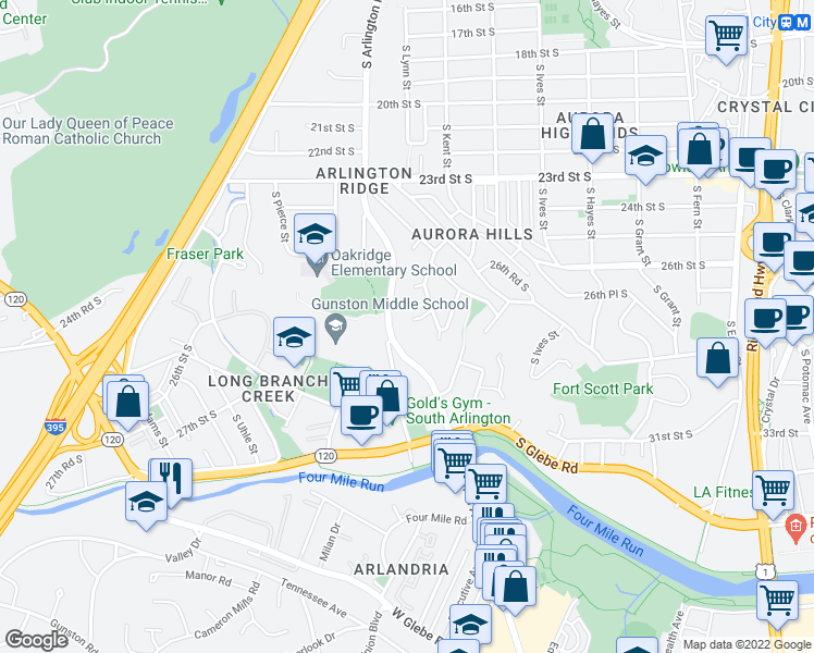 map of restaurants, bars, coffee shops, grocery stores, and more near 1222 26th Road South in Arlington