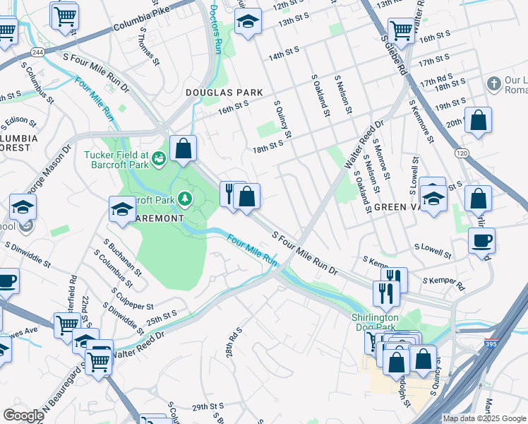 map of restaurants, bars, coffee shops, grocery stores, and more near 4079 South Four Mile Run Drive in Arlington