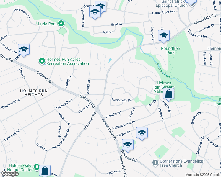 map of restaurants, bars, coffee shops, grocery stores, and more near 7412 Austin Street in Annandale