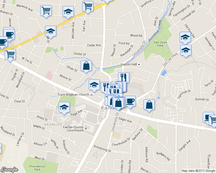 map of restaurants, bars, coffee shops, grocery stores, and more near 3906 Chain Bridge Road in Fairfax