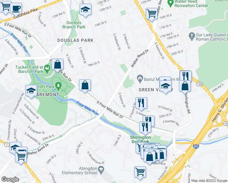 map of restaurants, bars, coffee shops, grocery stores, and more near 2117 South Quebec Street in Arlington