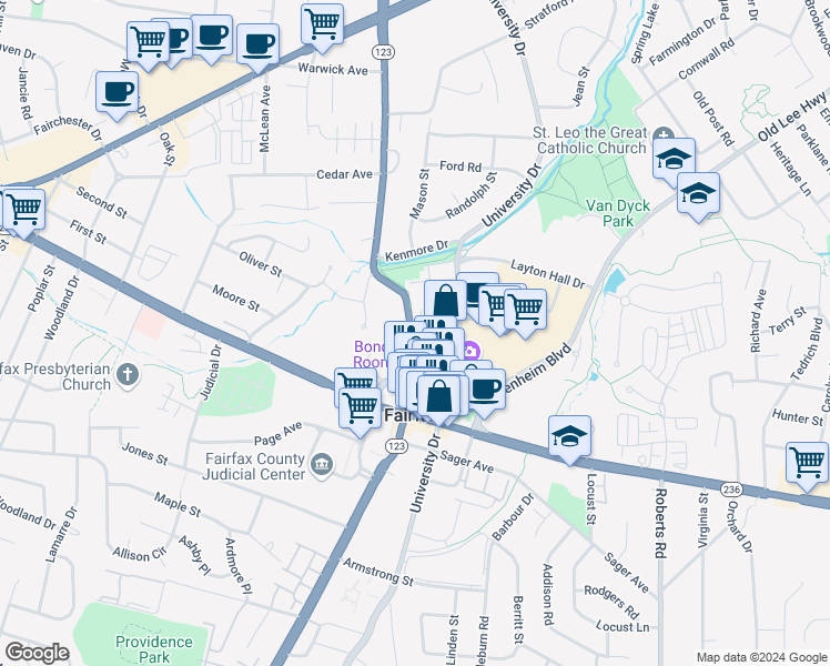map of restaurants, bars, coffee shops, grocery stores, and more near 3905 Chain Bridge Road in Fairfax