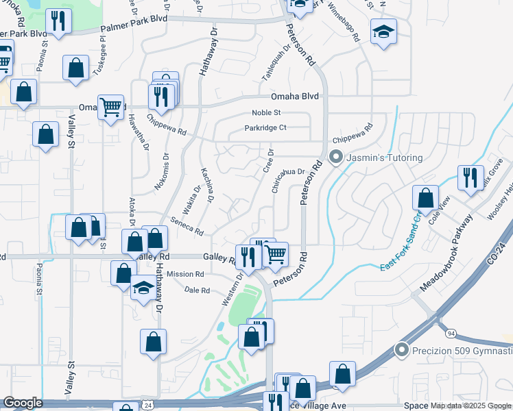 map of restaurants, bars, coffee shops, grocery stores, and more near 1214 Cree Drive in Colorado Springs