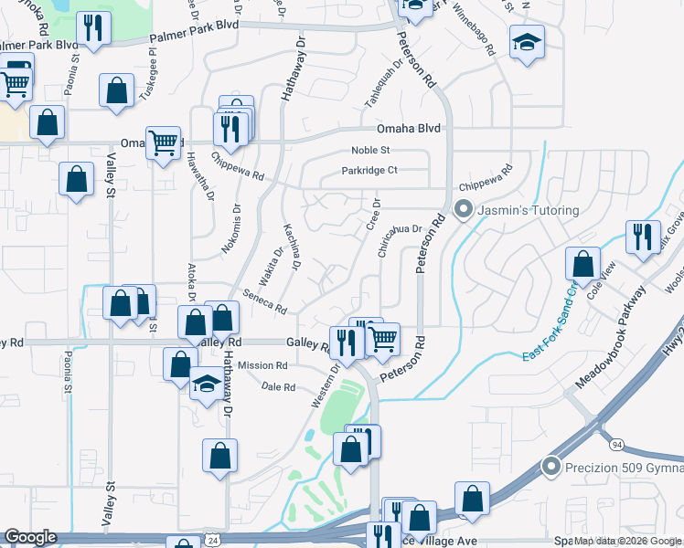 map of restaurants, bars, coffee shops, grocery stores, and more near 1214 Cree Drive in Colorado Springs