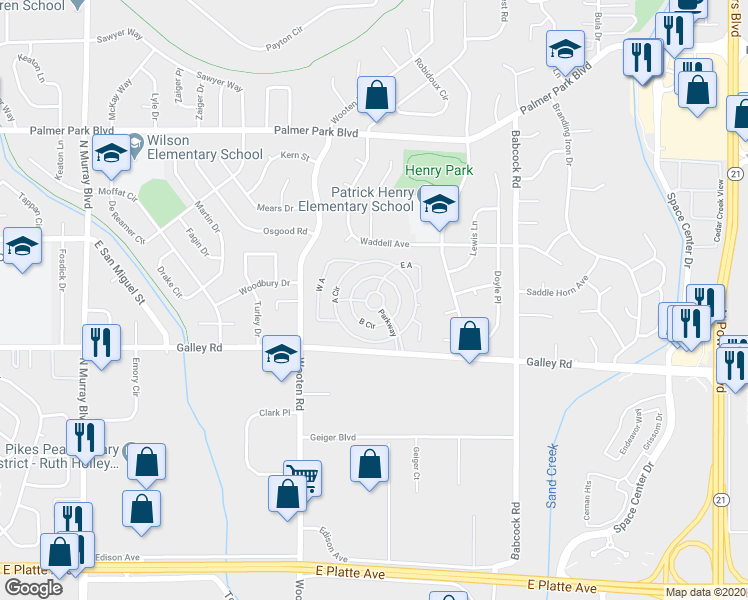 map of restaurants, bars, coffee shops, grocery stores, and more near 545 Brass Eagle Lane in Colorado Springs