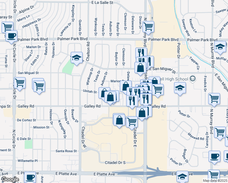 map of restaurants, bars, coffee shops, grocery stores, and more near 3604 East Uintah Street in Colorado Springs