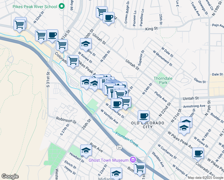 map of restaurants, bars, coffee shops, grocery stores, and more near 2526 West Pikes Peak Avenue in Colorado Springs