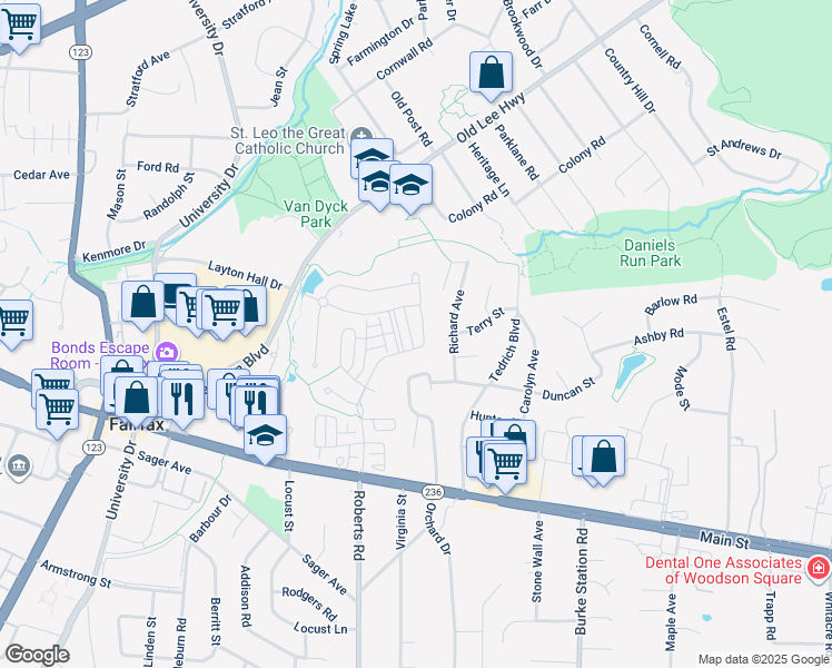 map of restaurants, bars, coffee shops, grocery stores, and more near 3834 Farrcroft Drive in Fairfax