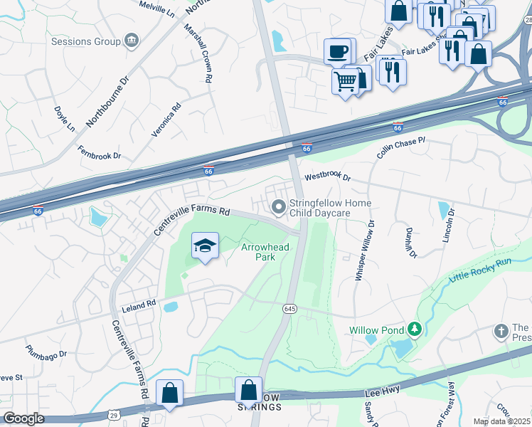 map of restaurants, bars, coffee shops, grocery stores, and more near 4994 Centreville Farms Road in Centreville
