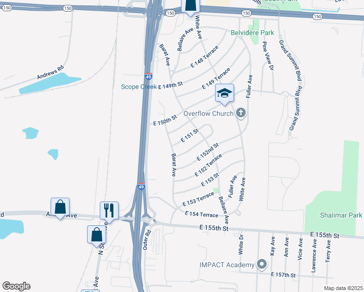 map of restaurants, bars, coffee shops, grocery stores, and more near 6006 East 151 Terrace in Grandview