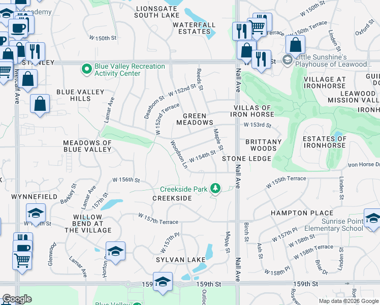 map of restaurants, bars, coffee shops, grocery stores, and more near 5906 West 154th Street in Overland Park