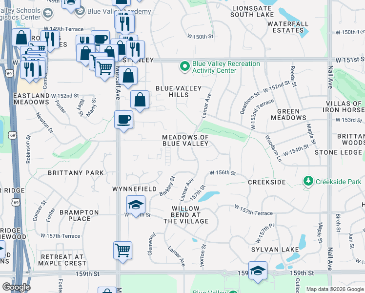map of restaurants, bars, coffee shops, grocery stores, and more near 15521 Glenwood in Overland Park