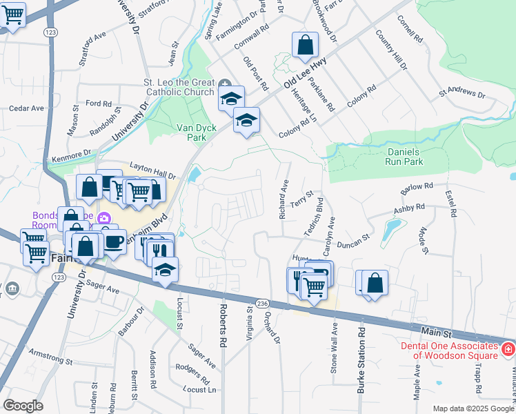 map of restaurants, bars, coffee shops, grocery stores, and more near 3834 Farrcroft Drive in Fairfax