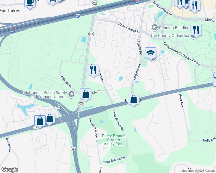 map of restaurants, bars, coffee shops, grocery stores, and more near 4744 Thornbury Drive in Fairfax