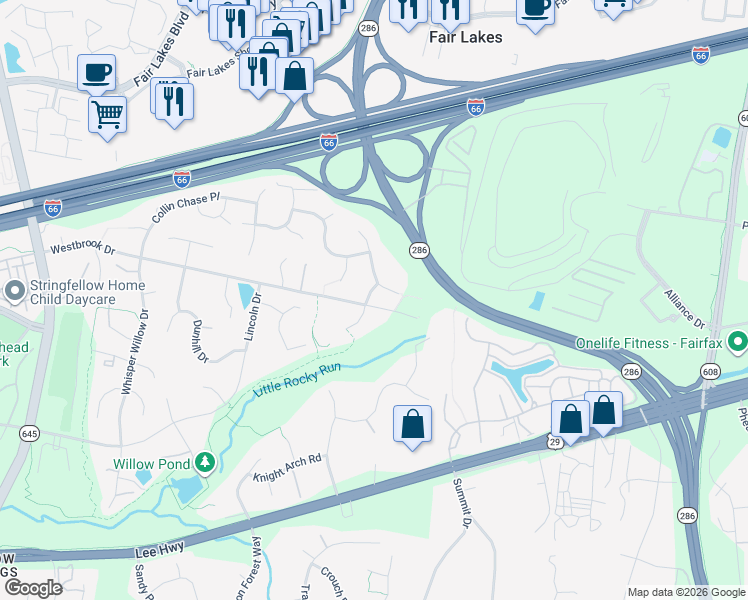map of restaurants, bars, coffee shops, grocery stores, and more near 4923 Berkshire Woods Drive in Fairfax