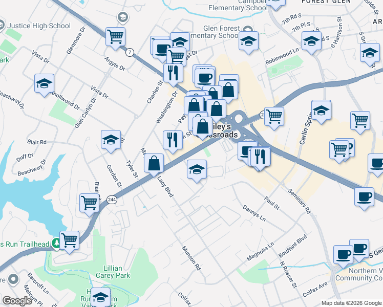 map of restaurants, bars, coffee shops, grocery stores, and more near Columbia Pike in Bailey's Crossroads