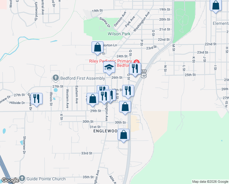 map of restaurants, bars, coffee shops, grocery stores, and more near 1812 27th St in Bedford