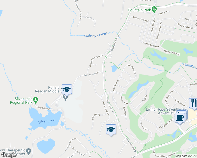 map of restaurants, bars, coffee shops, grocery stores, and more near 15722 Ryder Court in Haymarket