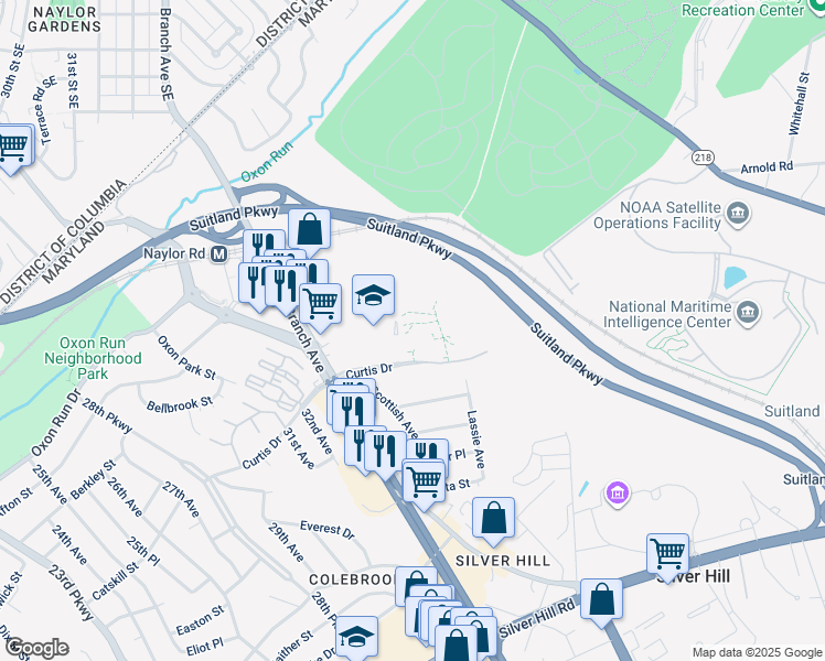 map of restaurants, bars, coffee shops, grocery stores, and more near 3416 Curtis Drive in Hillcrest Heights
