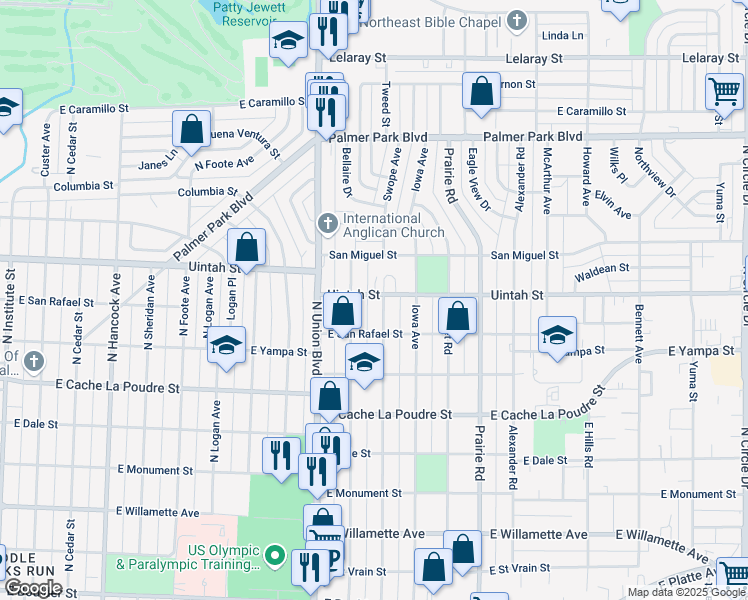 map of restaurants, bars, coffee shops, grocery stores, and more near 1120 Swope Avenue in Colorado Springs