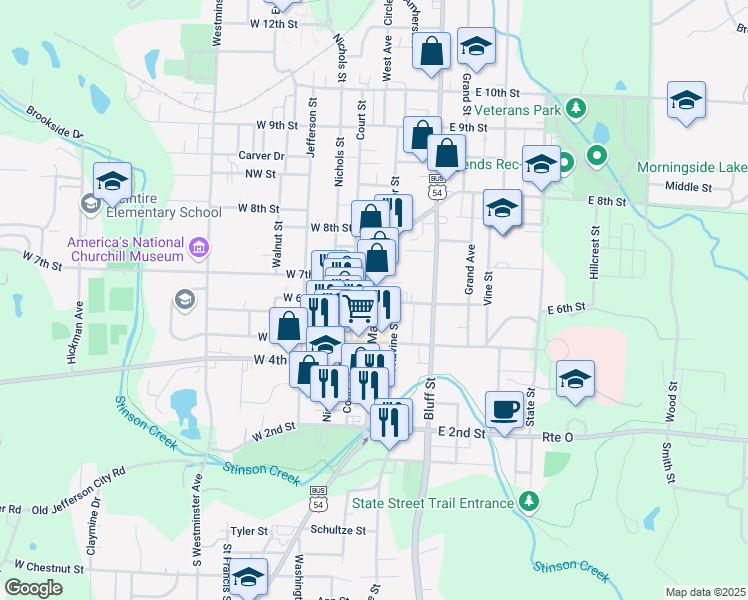 map of restaurants, bars, coffee shops, grocery stores, and more near 603 U.S. 54 Business in Fulton