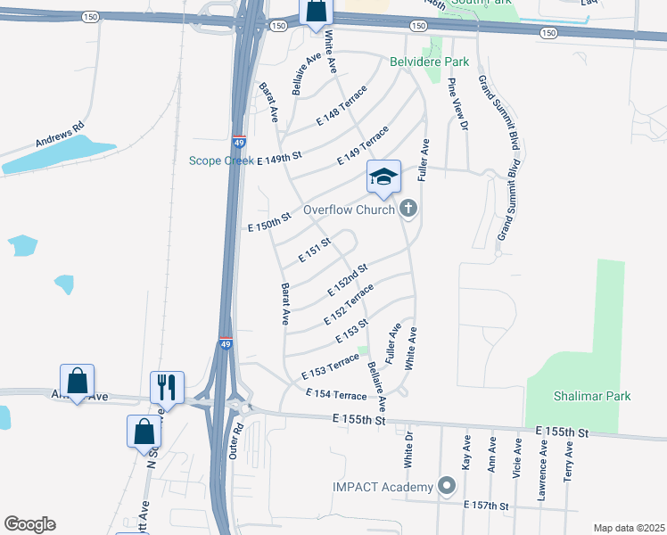 map of restaurants, bars, coffee shops, grocery stores, and more near 6021 East 151 Terrace in Grandview