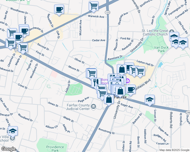 map of restaurants, bars, coffee shops, grocery stores, and more near 10570 Main Street in Fairfax
