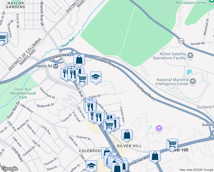 map of restaurants, bars, coffee shops, grocery stores, and more near 3416 Curtis Drive in Suitland-Silver Hill