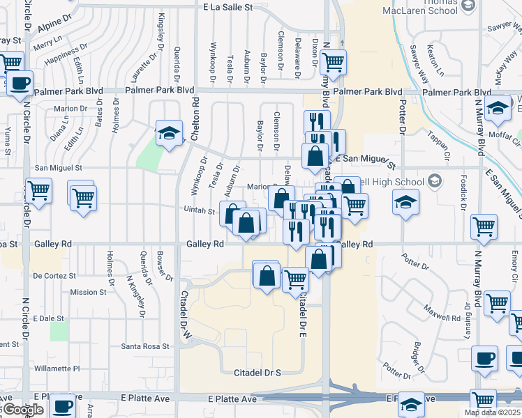 map of restaurants, bars, coffee shops, grocery stores, and more near 3604 East Uintah Street in Colorado Springs