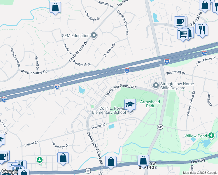 map of restaurants, bars, coffee shops, grocery stores, and more near 5115 Travis Edward Way in Centreville