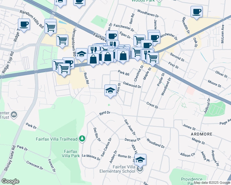 map of restaurants, bars, coffee shops, grocery stores, and more near 4104 Fern Street in Fairfax