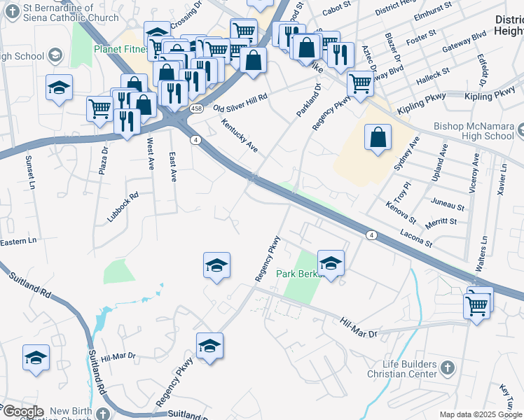 map of restaurants, bars, coffee shops, grocery stores, and more near 2906 Parkland Drive in District Heights