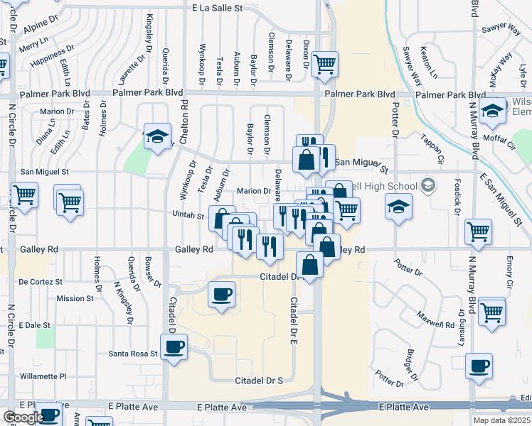 map of restaurants, bars, coffee shops, grocery stores, and more near 1102 Delaware Drive in Colorado Springs
