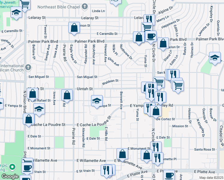map of restaurants, bars, coffee shops, grocery stores, and more near 1105 Otteman Court in Colorado Springs