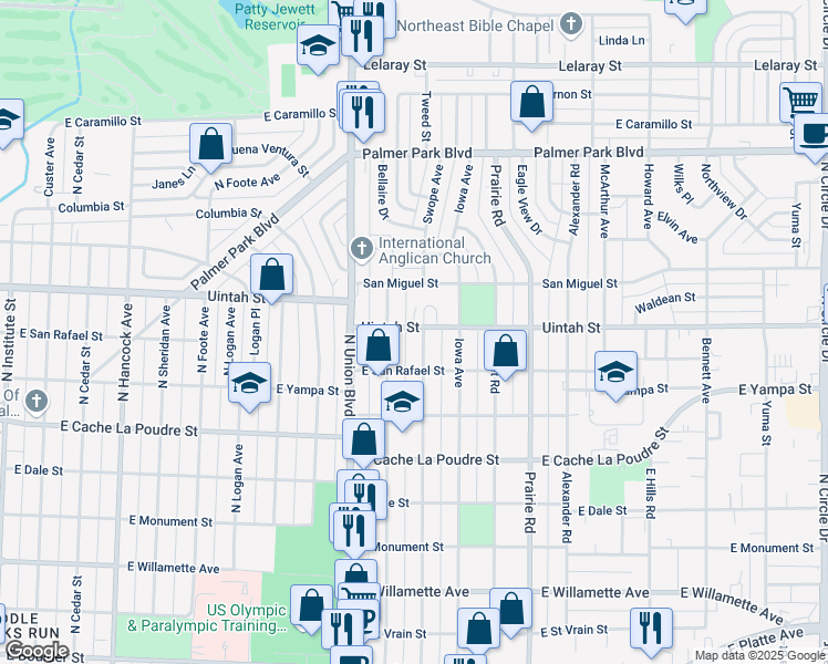 map of restaurants, bars, coffee shops, grocery stores, and more near 1120 Swope Avenue in Colorado Springs
