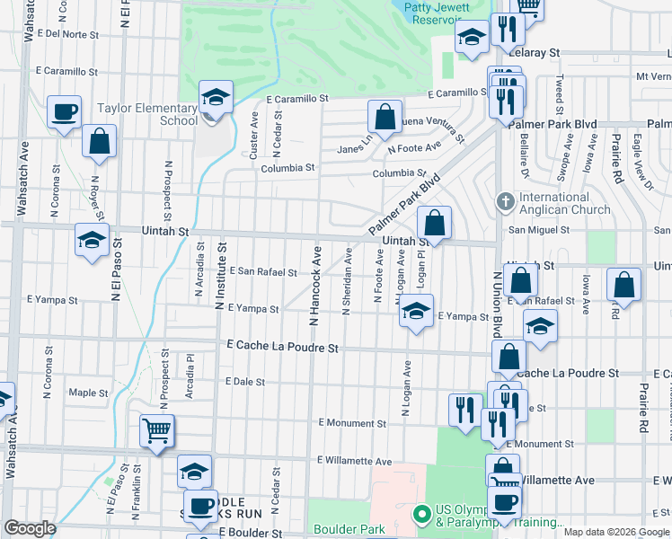 map of restaurants, bars, coffee shops, grocery stores, and more near 1219 East San Rafael Street in Colorado Springs