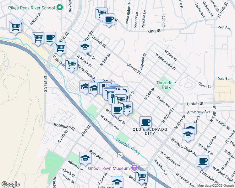 map of restaurants, bars, coffee shops, grocery stores, and more near 2526 West Pikes Peak Avenue in Colorado Springs