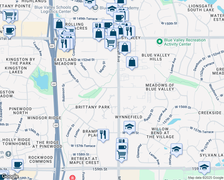 map of restaurants, bars, coffee shops, grocery stores, and more near 15404 Floyd Street in Overland Park