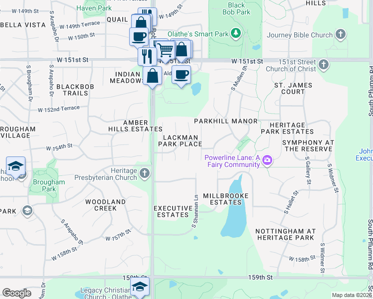 map of restaurants, bars, coffee shops, grocery stores, and more near 15523 South Alden Street in Olathe