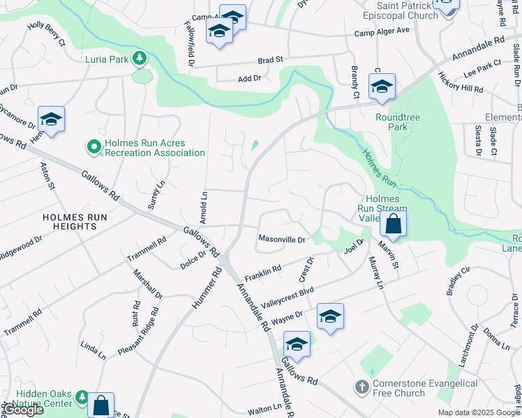 map of restaurants, bars, coffee shops, grocery stores, and more near 7410 Austin Street in Annandale