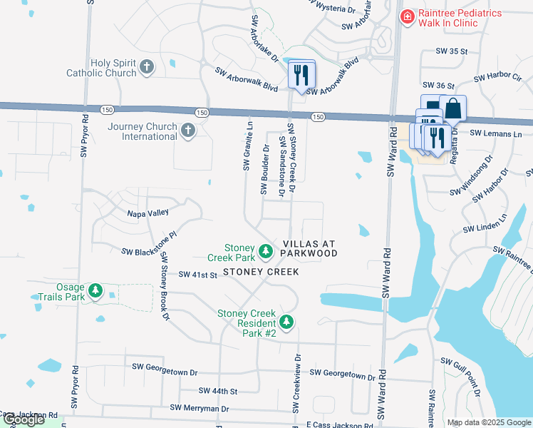 map of restaurants, bars, coffee shops, grocery stores, and more near 1320 Southwest Rylee Lane in Lee's Summit