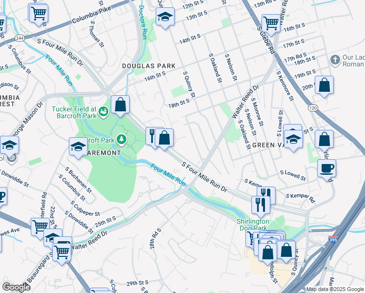 map of restaurants, bars, coffee shops, grocery stores, and more near 4081 South Four Mile Run Drive in Arlington