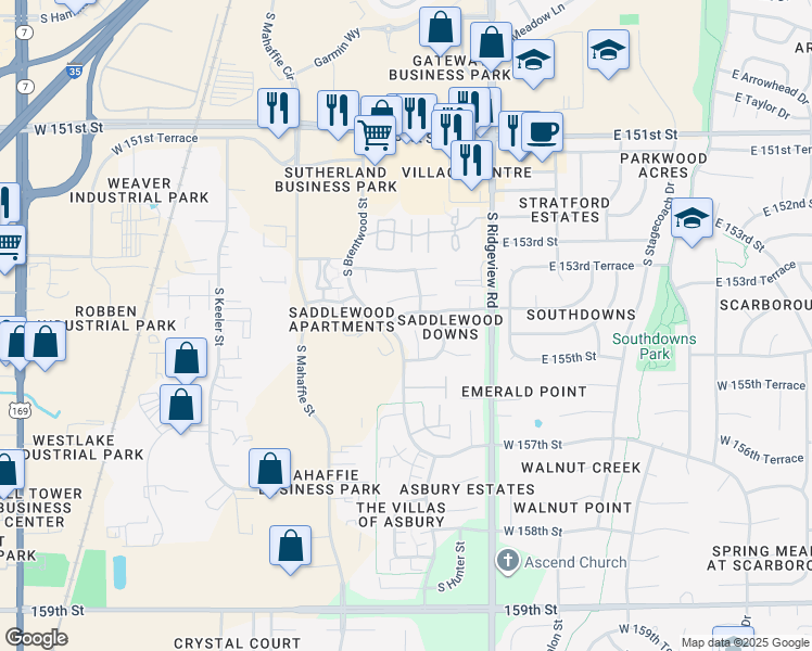 map of restaurants, bars, coffee shops, grocery stores, and more near 15412 South Hillside Street in Olathe