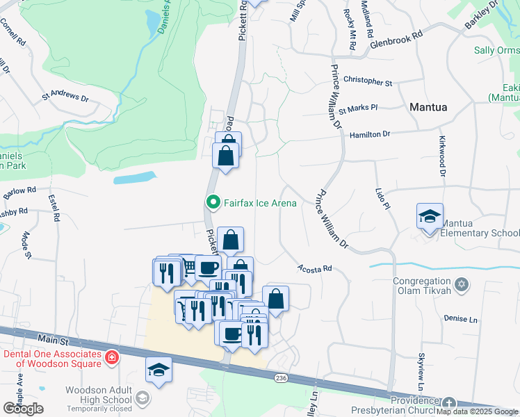 map of restaurants, bars, coffee shops, grocery stores, and more near 9350 Tovito Drive in Fairfax