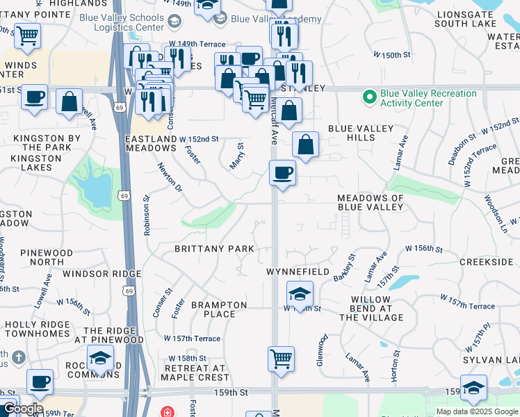 map of restaurants, bars, coffee shops, grocery stores, and more near 15404 Floyd Street in Overland Park