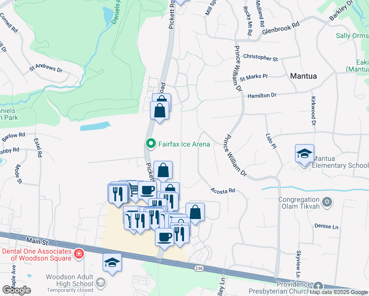 map of restaurants, bars, coffee shops, grocery stores, and more near 9350 Tovito Drive in Fairfax
