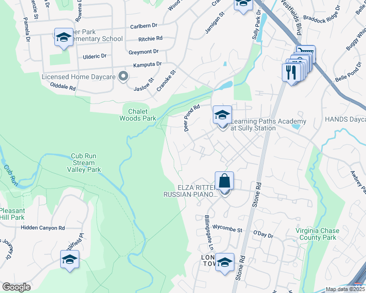 map of restaurants, bars, coffee shops, grocery stores, and more near 5832 Stone Creek Drive in Centreville