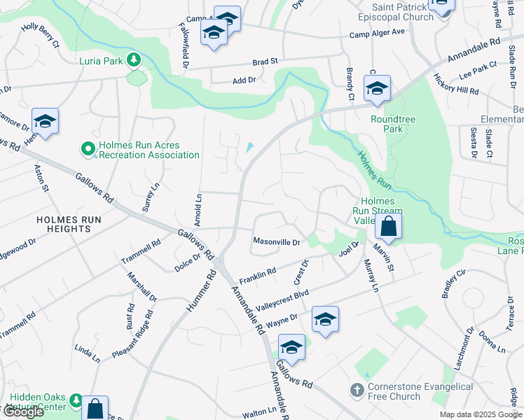 map of restaurants, bars, coffee shops, grocery stores, and more near 7408 Austin Street in Annandale